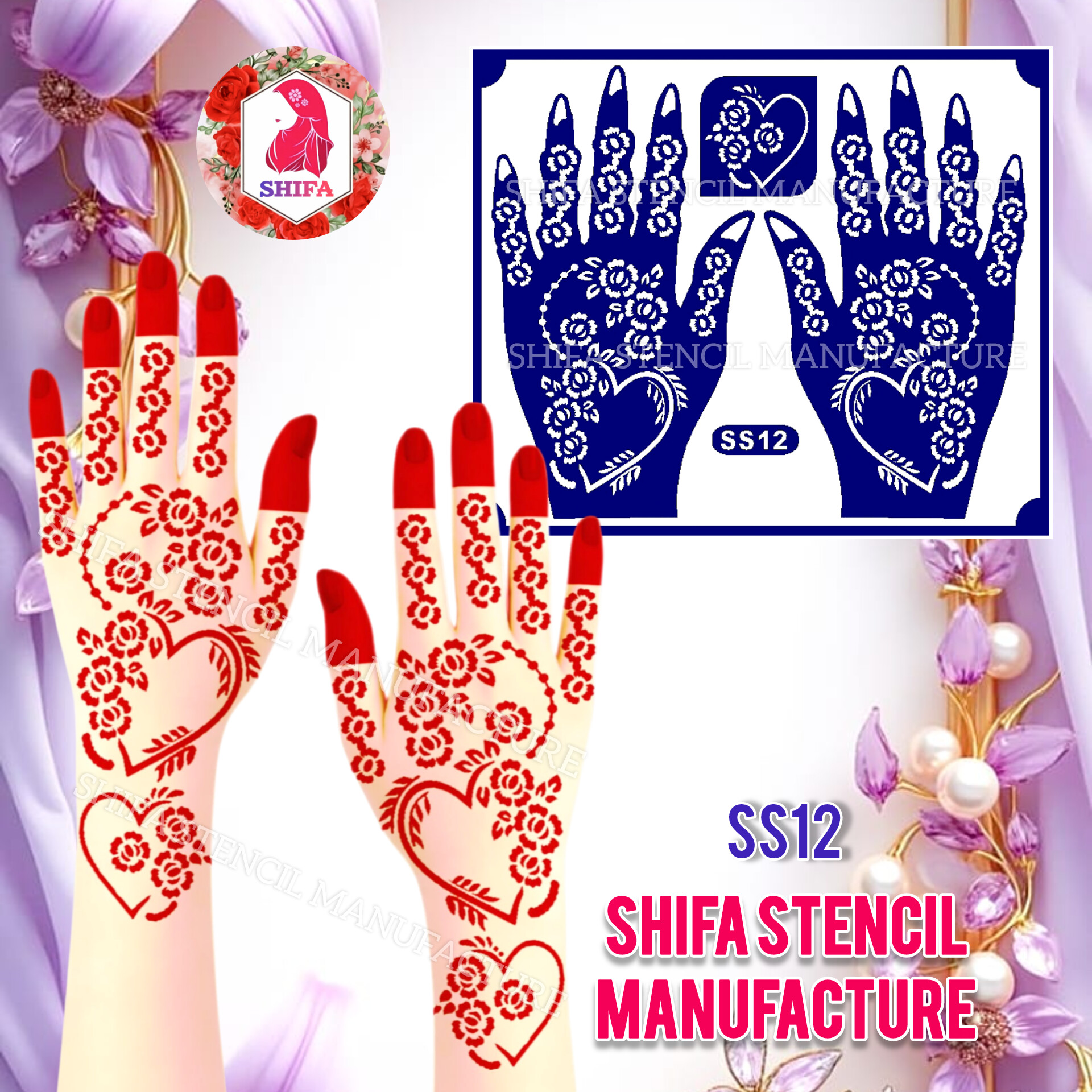 SS12 Mini Floral Heart Patterned Design  Sticker Overview  Henna Stencil - Shifa Stencil